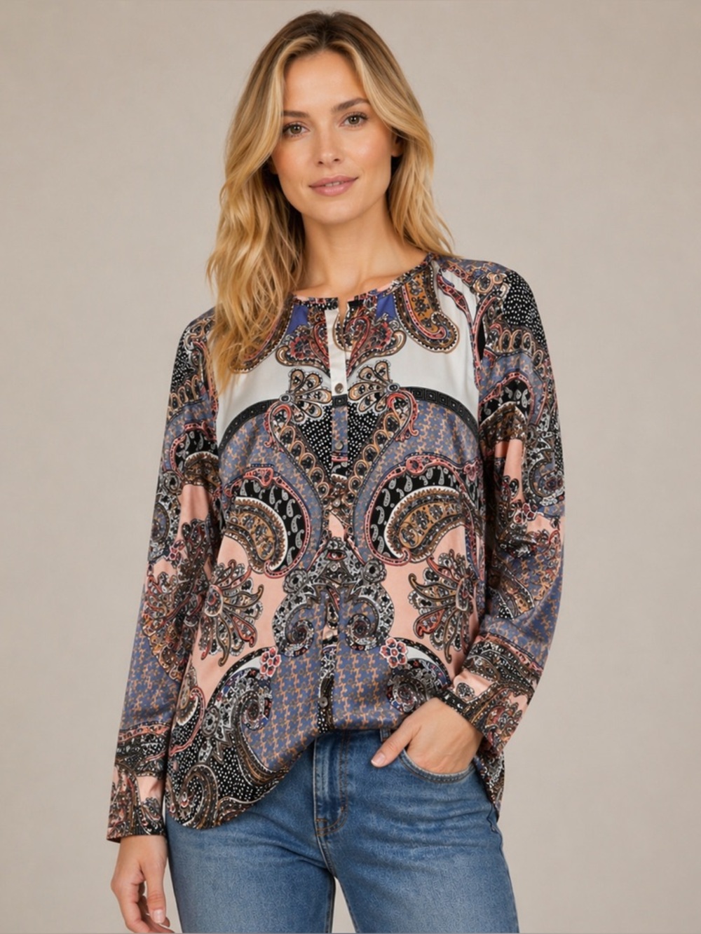 Talbots Woman 2X Paisley Scarf Print Blue Long Sleeve Button Up Blouse